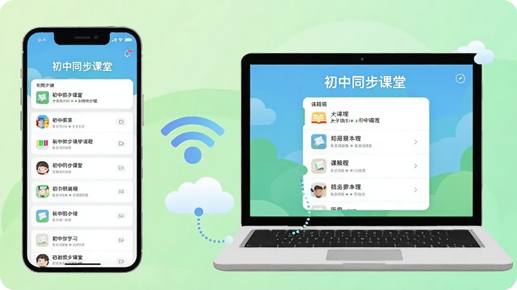 插画风格图片,画面左侧是一部智能手机,右侧是一台笔记本电脑,屏幕中同时显示“初中同步课堂”的课程列表界面,中间用WiFi符号与云朵连接,背景为浅绿色渐变,代表着流畅的跨设备学习体验,构图简洁,现代扁平风,高清画质,干净无文字。