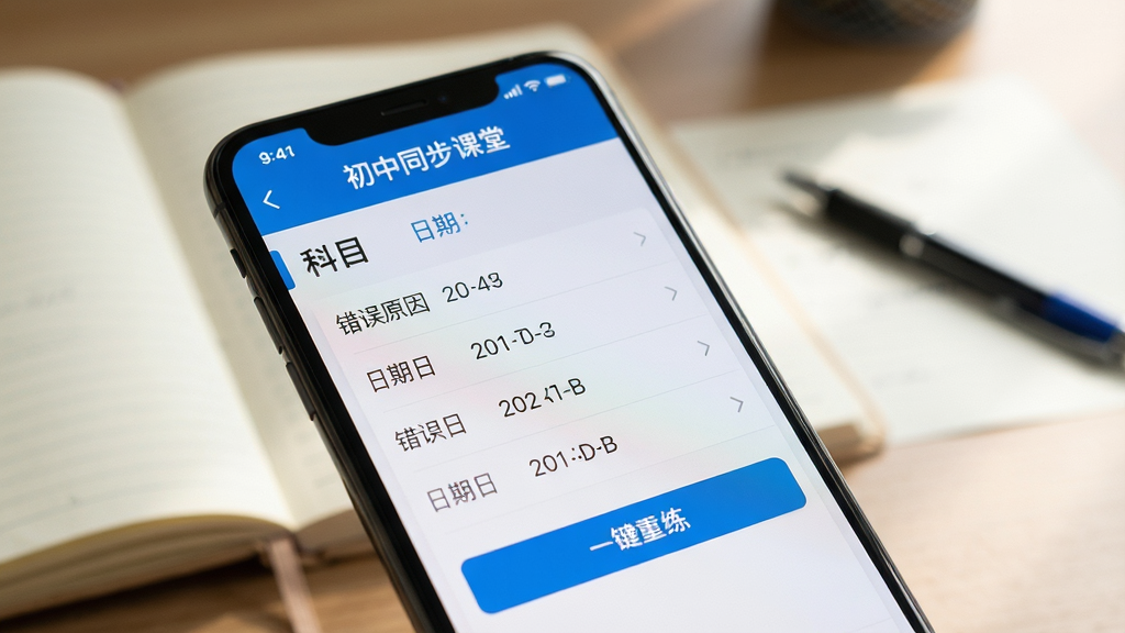 一张手机屏幕特写,界面为“初中同步课堂”的错题本功能,列表清晰展示错题科目、日期与错误原因,底部有“一键重练”按钮,背景虚化的书桌上有笔记本和笔,光影柔和,构图聚焦屏幕,细节清晰,高清画质,无多余杂物。
