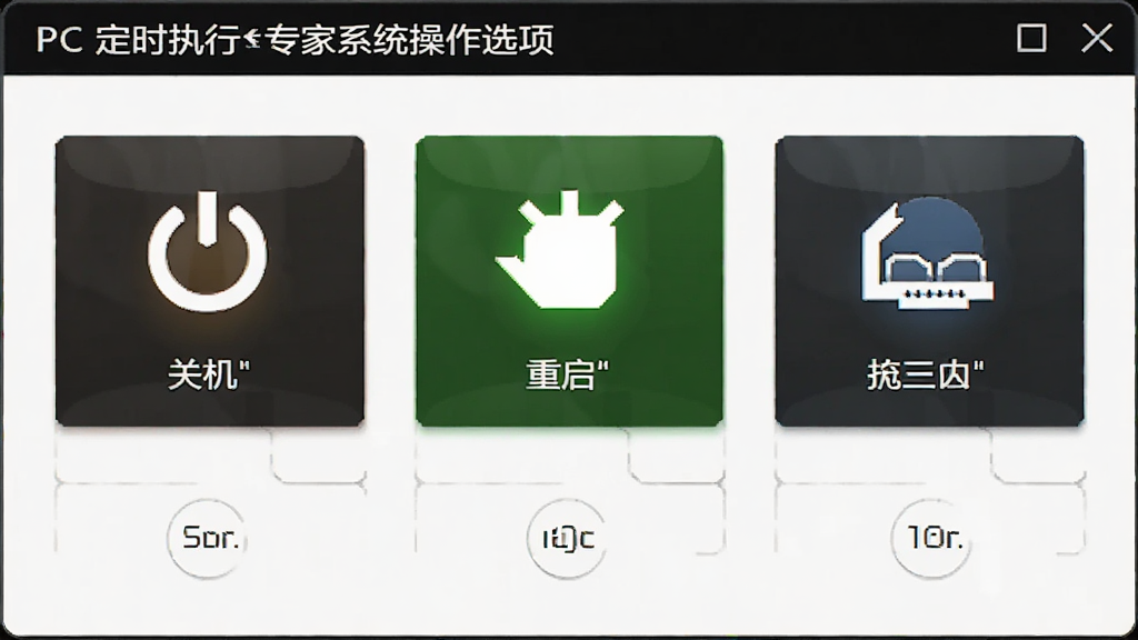 PC定时执行专家系统操作选项界面,显示关机、重启、休眠等按钮图标,背景为深色系统风格,图标清晰,布局合理,风格科技感,画质干净