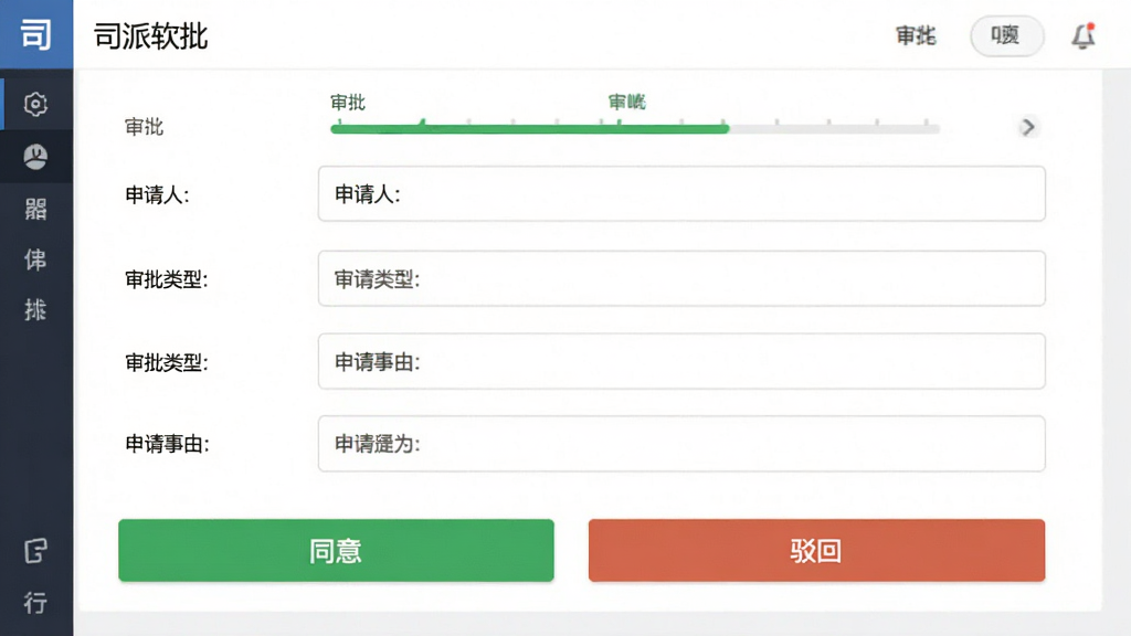 展示司派软件的审批界面,表单包含申请人、审批类型、申请事由等字段,下方有同意和驳回按钮,布局为表单样式,排版简洁,风格商务,细节有审批进度条,画质干净,无多余元素