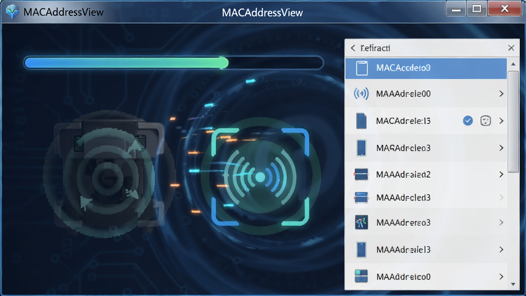 MACAddressView扫描过程动画效果图,界面中显示进度条和旋转的扫描状态图标,设备列表正在逐行填充数据,模拟实时刷新场景,画面动态感强,软件名称“MACAddressView”以标题形式显示在窗口顶部,整体风格科技感十足,画质清晰干净