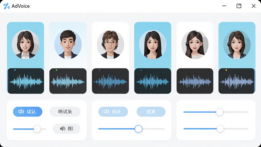 主体为AdVoice软件的音色选择面板特写,展示多个发音人头像与波形预览,布局为横向卡片式排列,排版规整,风格清爽明亮,细节包含试听按钮与参数调节滑块,画质细腻干净,无多余元素