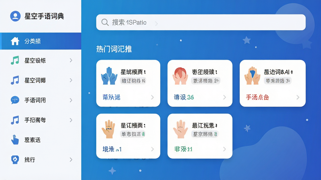 星空手语词典主界面展示,左侧为分类导航栏,右侧为搜索框和热门词汇推荐卡片,整体采用蓝色渐变背景,扁平化设计风格,图标清晰,界面整洁,高清渲染,干净无多余元素
