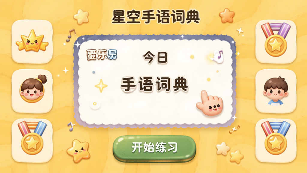 星空手语词典每日练习打卡界面,中央为今日词汇卡片,下方有“开始练习”按钮,四周有积分、勋章展示,背景为暖黄色,插画风格,活泼可爱,高清渲染,干净无多余元素