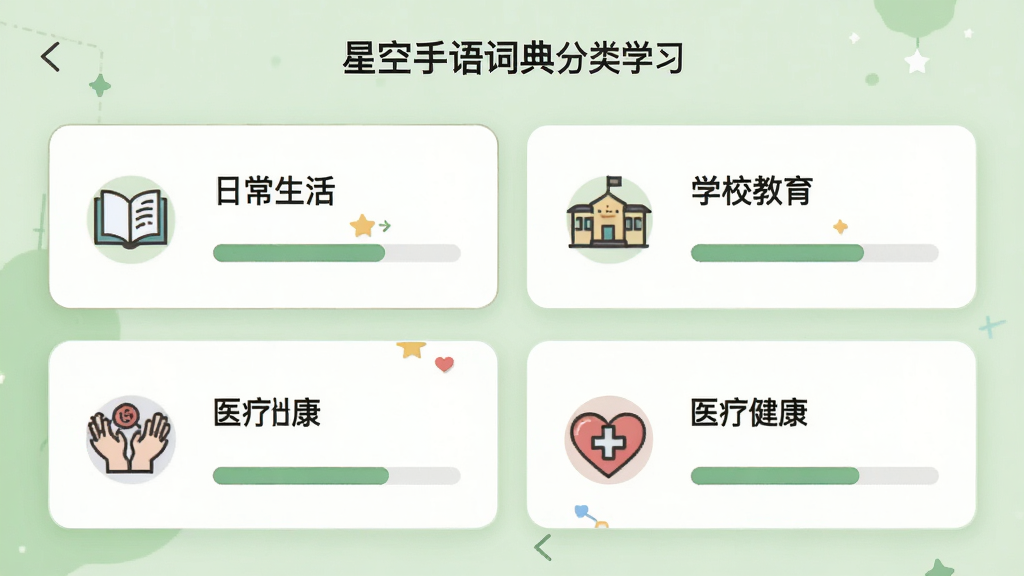 星空手语词典分类学习界面,展示“日常生活”、“学校教育”、“医疗健康”等多个分类卡片,每个卡片有图标和进度条,背景为淡绿色,扁平化设计,布局整齐,高清画质,干净无多余元素