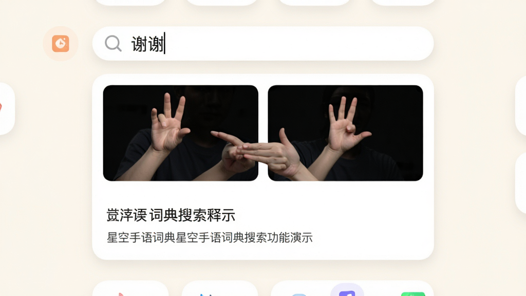 星空手语词典搜索功能演示,用户在搜索框输入“谢谢”,下方展示对应手语视频截图和文字释义,界面采用浅色背景,卡片式布局,图标圆润,整体简洁明快,高清画质,干净无多余元素