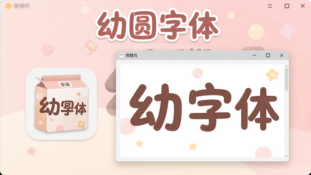 幼圆字体软件主界面预览图,展示字体安装包图标和字体预览窗口,圆润可爱的字体样式放大展示,背景为淡粉色渐变,窗口布局简洁清新,软件名称