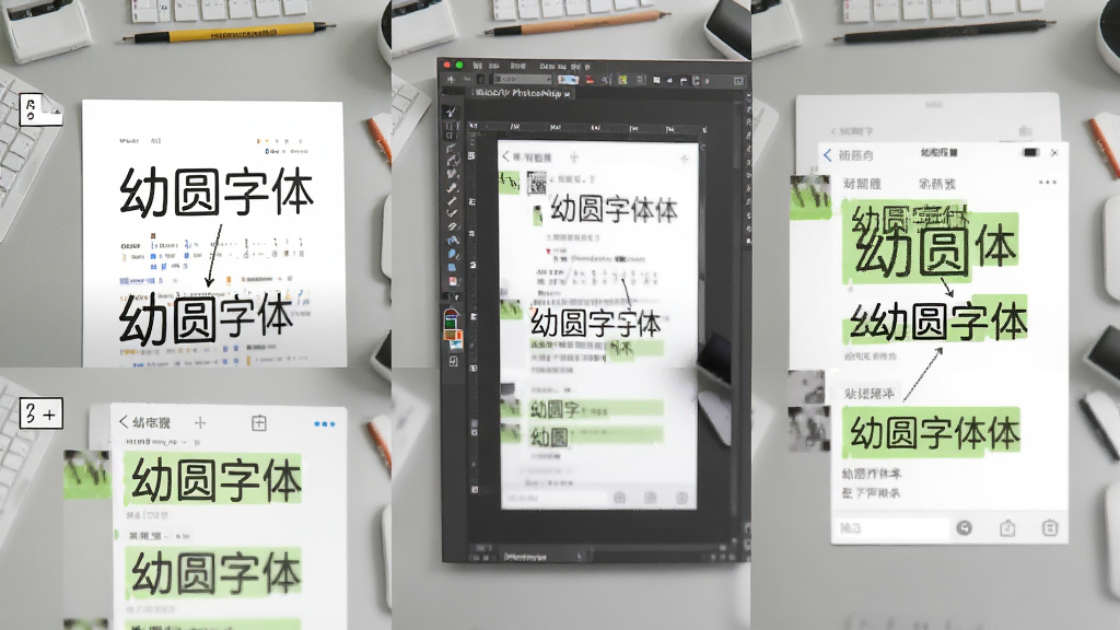 幼圆字体在不同软件中的使用效果图,包含Word文档、Photoshop画布、微信聊天界面三个场景,每个场景中文字均以幼圆字体显示,画面排版整齐,标注