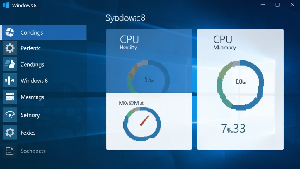 Windows8 Tools 主界面预览,深蓝色渐变背景,左侧功能列表图标排列整齐,右侧主区域显示系统概览卡片,包含CPU、内存占用环形图,界面扁平化设计,文字清晰,整体风格现代简洁,画质干净,无多余元素