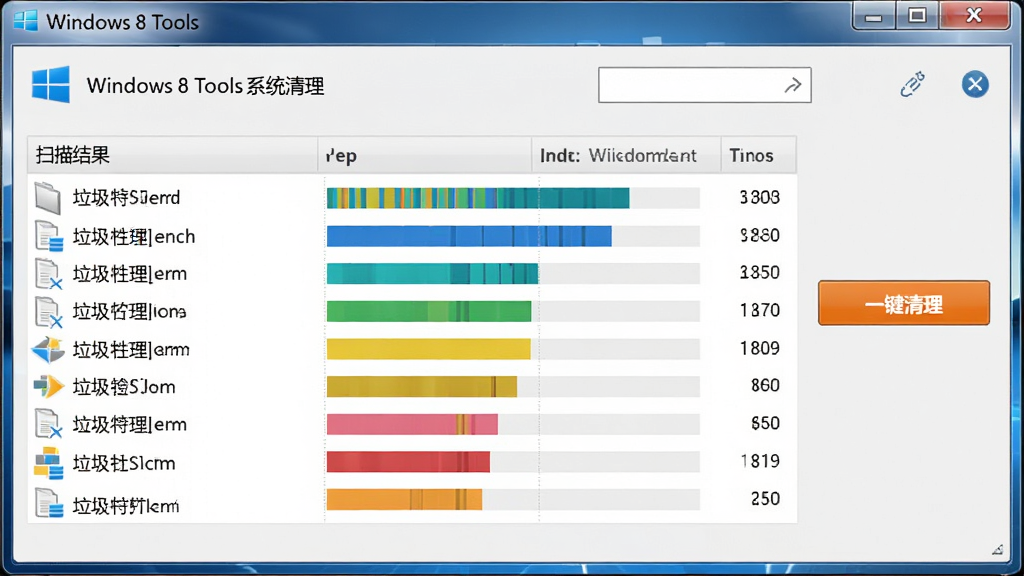 Windows8 Tools 系统清理功能界面,扫描结果列表展示各类垃圾文件,文件大小以彩色条形图显示,右侧有“一键清理”橙色按钮,背景为浅灰色窗口,数据清晰,界面清爽,画质干净,无多余元素