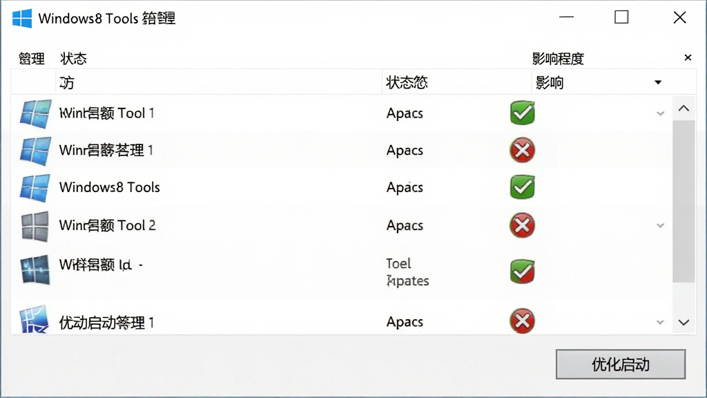 Windows8 Tools 启动项管理界面,列表展示各软件名称、状态、影响程度,使用绿色勾选和红色叉号图标,底部有“优化启动”按钮,背景为白色窗口,风格简洁,画质干净,无多余元素