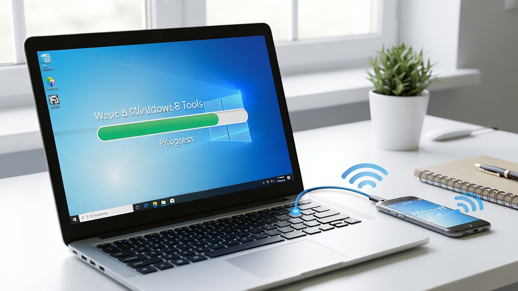 Windows8 Tools 使用场景示意图,一台笔记本电脑屏幕显示优化进度条,旁边有手机通过无线网络连接,背景为整洁的工作桌,画面明亮,风格写实,画质清晰,无多余元素