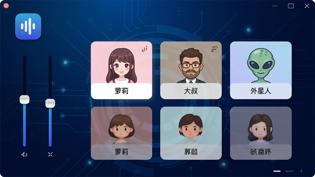 幂果变声器主界面展示,软件图标位于左上角,背景为深蓝色科技感渐变,界面中央显示多个音色选择卡片,如“萝莉”、“大叔”、“外星人”等,左侧为参数调节滑块,整体布局清晰,风格现代简约,画质高清,干净无多余元素
