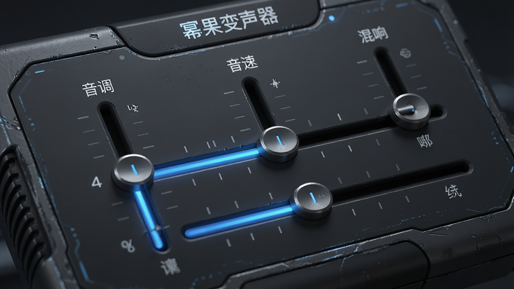 幂果变声器参数调节面板特写,界面显示多个滑块控件,分别标注“音调”、“音速”、“混响”等,滑块处于不同位置,背景为深灰色,面板风格科技感强,细节丰富,画质高清,干净无多余元素