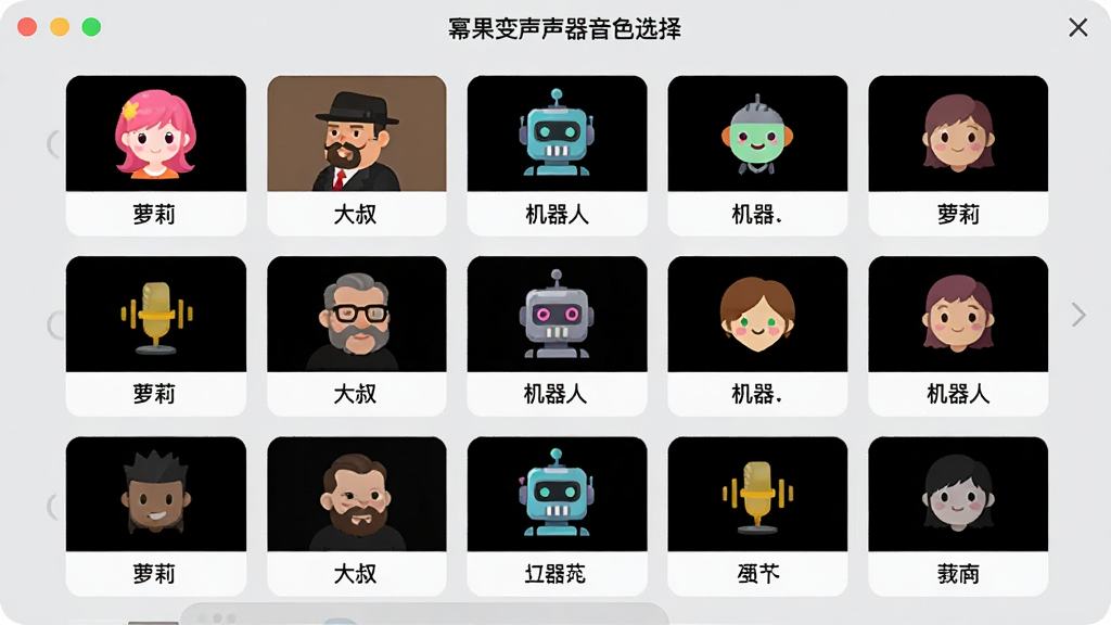 幂果变声器音色选择界面,屏幕上展示多行多列的音色卡片,每张卡片上标注“萝莉”、“大叔”、“机器人”等名称,并有彩色图标,背景为浅灰色,界面明亮,排版整齐,画质清晰,干净无多余元素