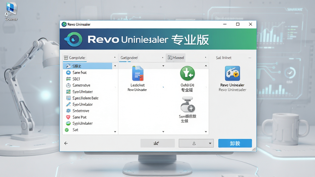 主体:Revo Uninstaller 专业版软件界面在电脑屏幕上显示,界面整洁清晰,包含软件列表和卸载按钮。布局:界面居中,背景为浅灰色科技感桌面,屏幕中软件界面占主体。排版:界面中显示“Revo Uninstaller 专业版”字样和几个功能图标。风格:现代简约科技风,色彩明亮。细节:界面图标清晰,软件名称文字醒目,背景有柔和光影。画质:高清,干净,无多余元素。