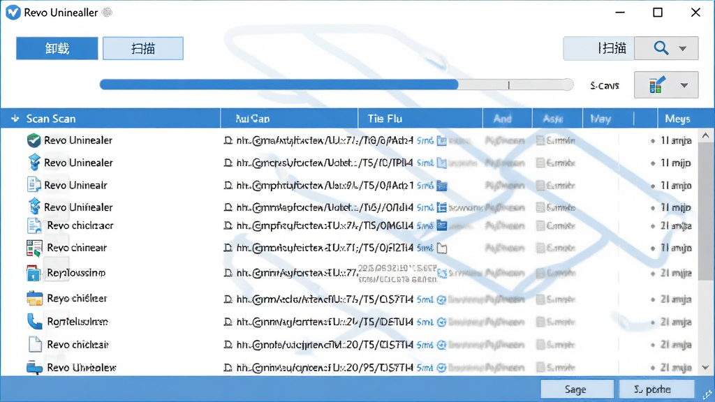 主体:Revo Uninstaller 专业版的卸载扫描界面,显示扫描进度条和文件列表。布局:界面居中,左侧为软件列表,右侧为扫描结果。排版:界面顶部有“卸载”和“扫描”按钮,中间为进度条。风格:简洁专业,蓝色调为主。细节:扫描出大量残留文件,并显示文件路径。画质:高清,干净,无多余元素。