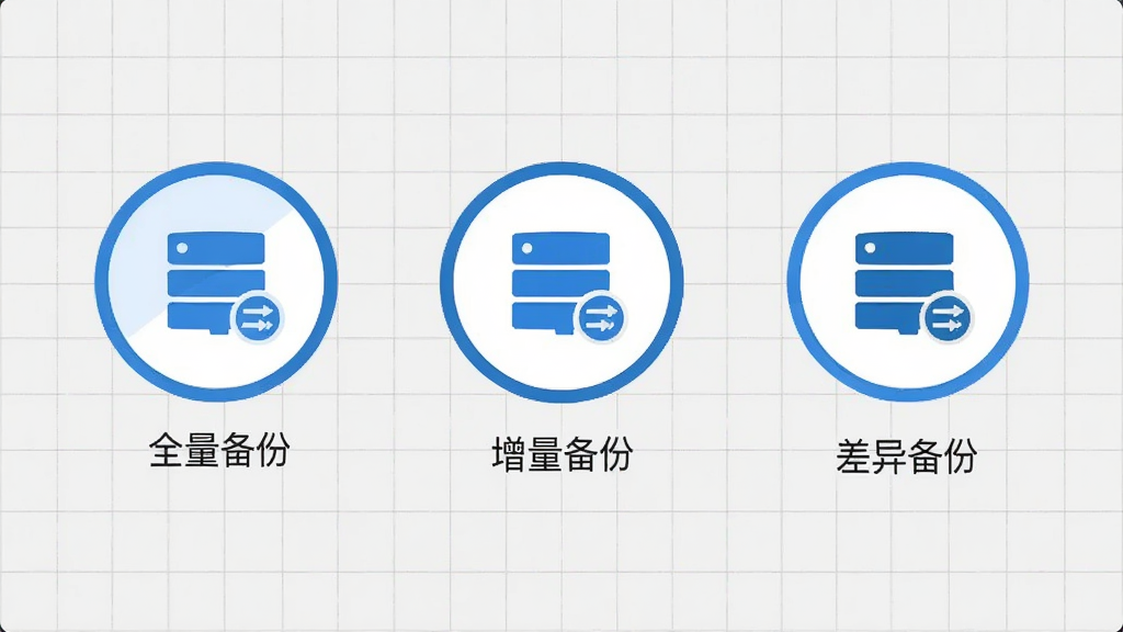 Disksync软件备份模式选择界面的示意图,画面中央以三个并列的圆形图标分别代表全量备份、增量备份和差异备份,每个图标下方有简短的文字说明,背景为浅灰色网格,整体布局简洁明了,风格扁平化设计,色彩以蓝白为主,画质干净清晰