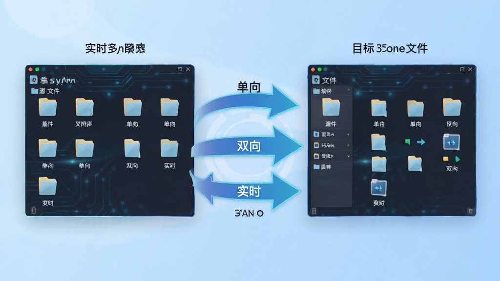 Disksync软件实时同步功能的操作演示图,画面左侧为源文件夹窗口,右侧为目标文件夹窗口,中间以动态箭头连接,箭头方向分别标注'单向'、'双向'和'实时'三种模式,背景为淡蓝色渐变,整体风格科技感十足,界面元素清晰,画质细腻