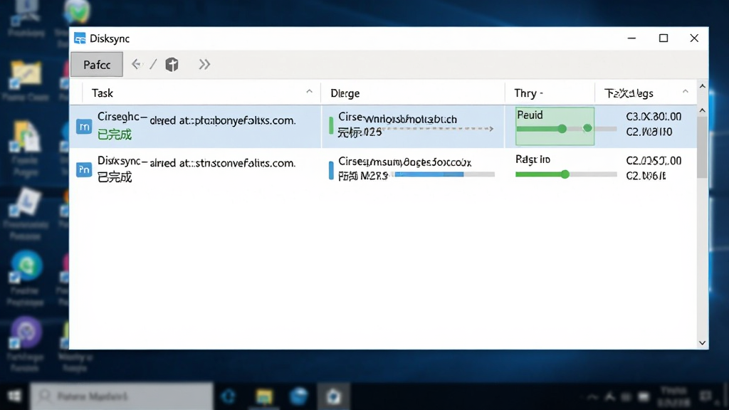 Disksync软件运行在Windows桌面上的截图,任务列表显示三个备份任务状态均为“已完成”,界面清晰展示源路径、目标路径、任务进度和下一次执行时间,背景为模糊的电脑桌面,整体风格写实,画面干净,高分辨率
