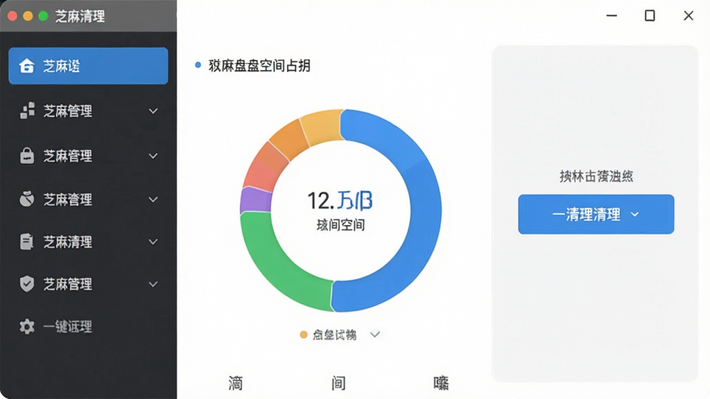 一张展示芝麻清理软件主界面的截图,界面设计现代简洁,左侧功能列表清晰可见,中间显示磁盘空间占用环形图,右侧为一键清理按钮,整体风格明亮干净,画质高清,无多余元素