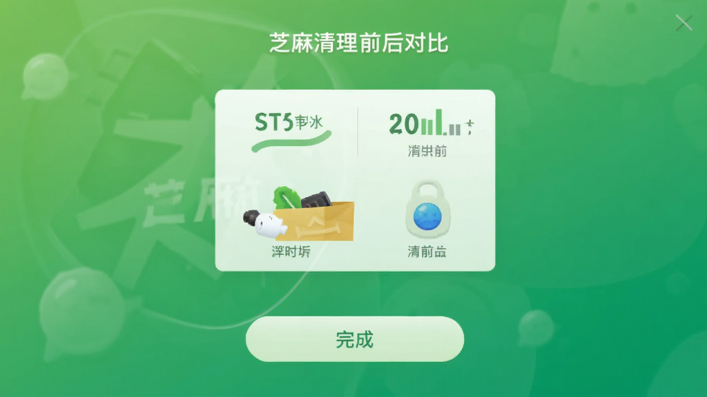 芝麻清理手机版清理完成页面的预览图,界面显示清理前后空间对比数据,下方有“完成”按钮,背景为绿色渐变风格,画质清晰,无多余元素