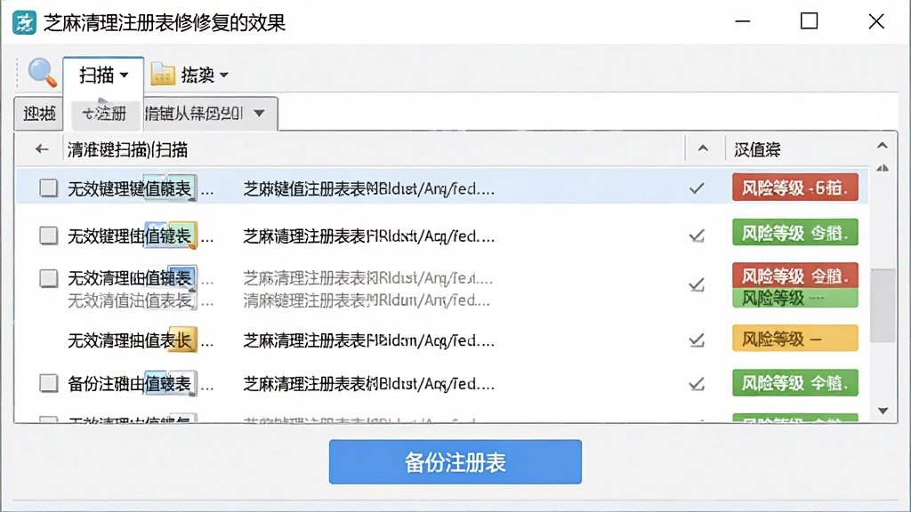 芝麻清理注册表修复功能的效果图,界面展示注册表扫描结果列表,包含无效键值路径和风险等级标识,底部有备份注册表按钮,整体设计专业严谨,画质清晰,无多余元素