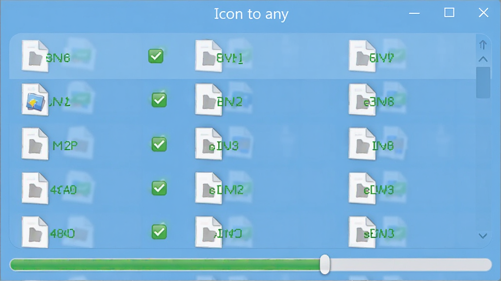 一张Icon to any批量处理功能的界面截图,界面中显示多个文件在列表中排列,每个文件旁有绿色对勾表示已完成,底部有进度条,整体色调为浅蓝色,软件名称“Icon to any”以白色字体显示在窗口上方,画质清晰,无多余元素