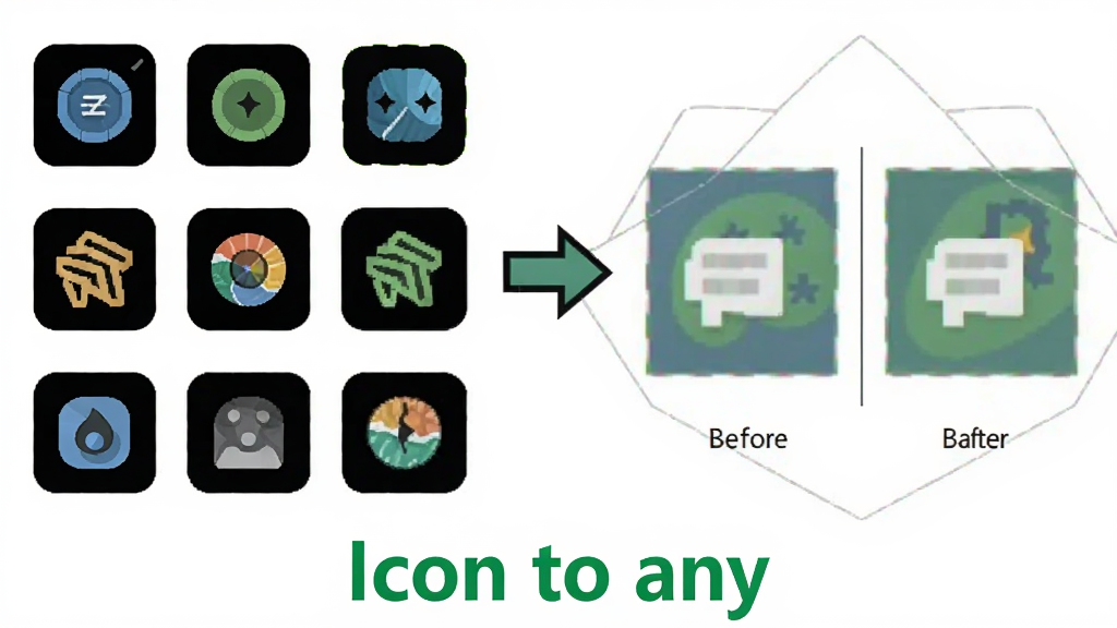 一张Icon to any软件功能展示图,画面左侧排列着各种图标格式的图标,右侧显示转换前后的对比效果,中间有箭头连接,背景为纯白色,软件名称“Icon to any”以绿色字体印在图片底部,画质清晰,干净整洁