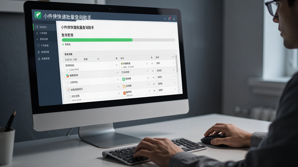 一张电脑操作场景的示意图,主体是用户的手正在鼠标上操作“小件侠快递批量查询助手”软件,屏幕上显示着进度条和查询结果列表,整体色调沉稳,布局自然,风格写实,细节到位,画质干净,无多余元素