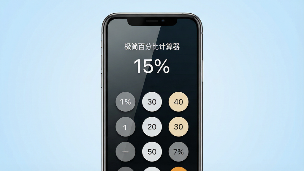 主体为一部正面展示的智能手机,屏幕中央显示极简百分比计算器的操作界面,界面有“极简百分比计算器”字样和几个圆形的百分比计算按钮。布局采用居中构图,手机位于画面中央。排版清晰,界面元素排列有序。风格为现代扁平化设计,背景是柔和的浅蓝色渐变。细节上,手机屏幕反射出微弱光泽,按钮有细腻的阴影效果。画质高清,整体干净,无多余元素。