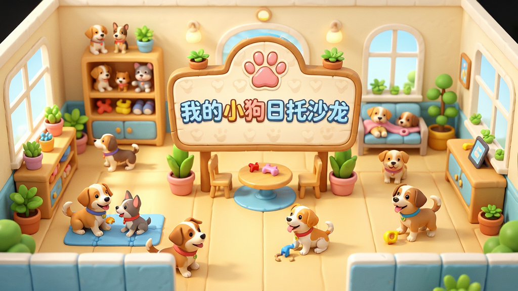 游戏主界面展示了温馨明亮的狗狗日托沙龙全景,画面中央是“我的小狗日托沙龙”的招牌,周围有各种可爱的狗狗在玩耍,布局整洁,色彩鲜艳明快,卡通渲染风格,细节丰富,画质干净无多余元素。