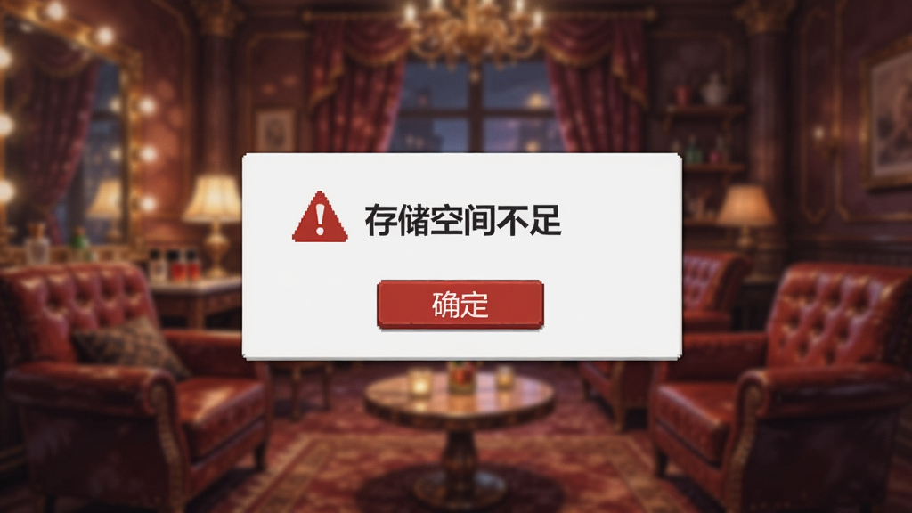 游戏内弹出“存储空间不足”的提示框,背景是模糊的沙龙场景,提示框内有确定按钮,风格简洁明了,警示效果醒目。