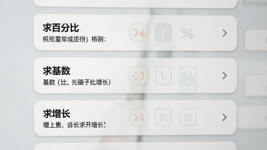 一幅展示计算模式选择的界面图,屏幕上列出了“求百分比”、“求基数”、“求增长”等多个模式选项卡片。主体为用户界面,布局为列表样式。排版规整,每个卡片上有模式名称和简短的示例。风格简洁,背景为浅灰色,卡片为白色带圆角。细节上,每个卡片右侧有一个小箭头图标。画质清晰,无多余元素。