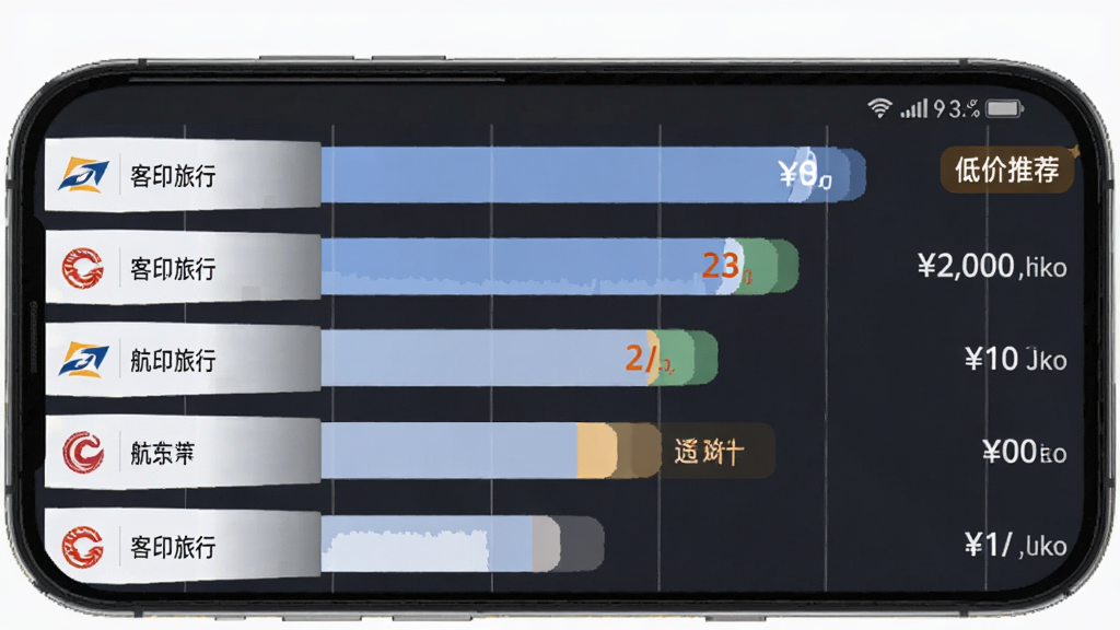 客印旅行APP的比价功能预览图,主体为手机屏幕上的航班价格对比条形图,左侧列出多家航司名称,右侧显示价格与时长,布局为上下结构,排版清晰,风格商务简洁,细节有“低价推荐”标签,画质干净,无多余元素
