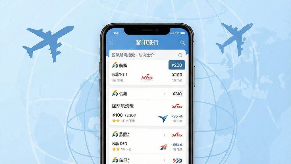 一幅现代简约风格的手机应用宣传图,主体为“客印旅行”APP界面截图,屏幕上显示国际航班搜索与比价结果列表,背景为浅蓝色渐变,搭配飞机剪影与地球经纬线装饰,布局居中,排版清爽,风格扁平化,细节包含价格标签与航空公司logo,画质高清,干净,无多余元素