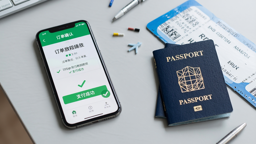 客印旅行使用教程场景图,主体为一部手机屏幕上显示订单确认页面,旁边有护照和登机牌道具,背景为浅灰色桌面,布局为左侧手机右侧杂物,排版错落有致,风格写实,细节有“支付成功”字样,画质高清,干净,无多余元素