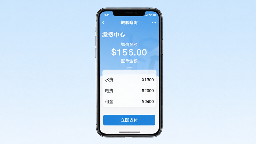 主体:城轨曦寓员工端缴费页面,显示“缴费中心”界面,有账单金额和支付按钮。布局:手机屏幕居中,背景为淡蓝色渐变。排版:金额突出,按钮明显。风格:清新简洁。细节:账单项目(水费、电费、租金)及金额,底部有“立即支付”按钮。画质:高清,干净无多余。