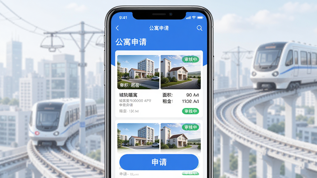 主体:城轨曦寓员工端APP界面展示公寓申请流程,屏幕显示“公寓申请”页面,有房源列表和申请按钮。布局:手机屏幕占据画面主体,周围有淡淡的城市轨道背景。排版:界面信息层次分明,按钮醒目。风格:商务简洁,蓝色主调。细节:房源图片、面积、租金明细清晰可见,申请状态标签“审核中”。画质:高清,干净无多余元素。