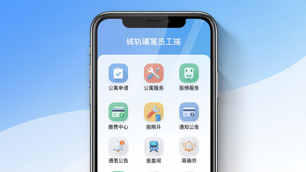 主体:手机屏幕展示城轨曦寓员工端主界面,界面顶部显示“城轨曦寓员工端”字样,下方排列功能图标。布局:手机居中,背景为简洁的蓝白渐变,周围有轻微的阴影。排版:界面图标整齐排列,文字清晰。风格:现代扁平化,色彩清新。细节:图标包含“公寓申请”、“报修服务”、“缴费中心”、“通知公告”等,屏幕反射柔和光线。画质:高清渲染,干净无多余元素。