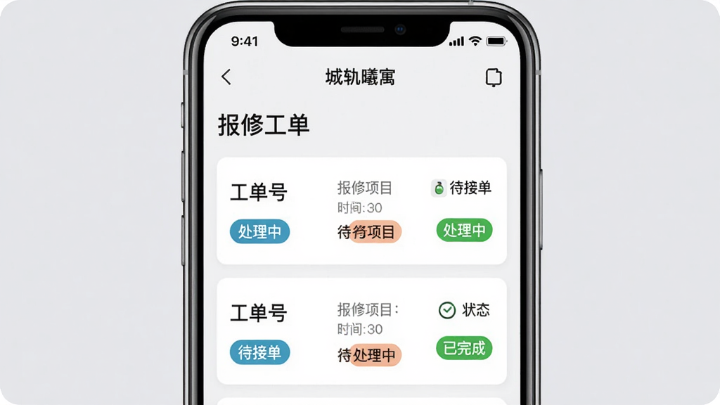 主体:城轨曦寓员工端APP报修功能界面,屏幕内显示“报修工单”列表,含状态标签。布局:手机屏幕居中,背景为淡灰色,突出界面内容。排版:工单条目清晰,状态颜色区分。风格:实用主义,干净整洁。细节:工单号、报修项目、时间、状态(待接单/处理中/已完成)显示完整。画质:高清,无多余元素。
