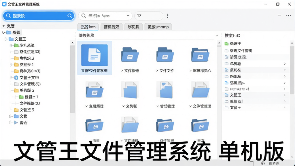 主体为文管王文件管理系统 单机版的主界面预览图,布局为左侧清晰分类树,右侧展示文件缩略图和详细信息,排版整齐有序,风格为现代简约的桌面软件界面设计,细节包含高亮搜索框和标签栏,画质清晰干净,无多余元素,图片文字标注“文管王文件管理系统 单机版”