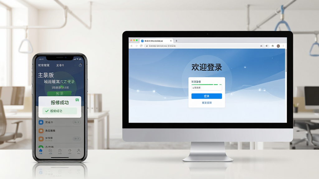 主体:手机和电脑并排展示城轨曦寓员工端使用场景,手机屏幕显示主界面,电脑屏幕显示网页版登录页。布局:左右对称,背景为浅色办公环境。排版:设备摆放整齐,屏幕内容清晰。风格:商务科技感。细节:手机上有“报修成功”提示,电脑屏幕有“欢迎登录”字样。画质:高清,干净无多余元素。