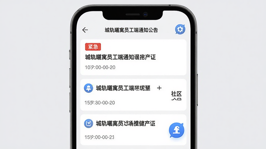 主体:城轨曦寓员工端通知公告页面,展示多条通知列表。布局:手机屏幕居中,背景为浅灰。排版:通知标题加粗,时间显示清晰。风格:简约商务。细节:置顶通知带有“紧急”标签,社区入口图标醒目。画质:高清,无多余元素。