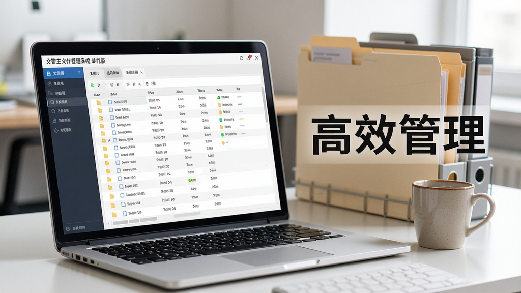 一张展示文管王文件管理系统 单机版使用场景的图片,主体为办公桌上笔记本电脑屏幕显示软件界面,布局为电脑、文件夹和咖啡杯,排版自然,风格为写实摄影风格,细节突出屏幕中整齐的文件列表,画质高清新锐,无多余元素,图片文字标注“高效管理”