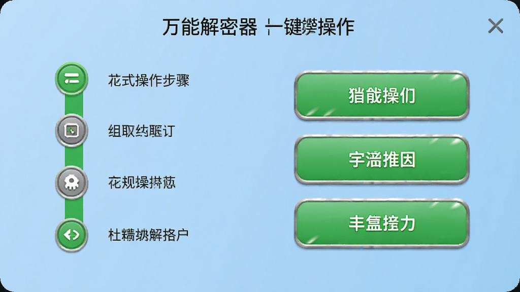 展示万能解密器的一键式操作流程,左侧为步骤指示条,右侧为操作按钮,背景为浅蓝色,整体界面简洁明快,按钮采用绿色高亮,画质清晰,细节到位,无多余元素