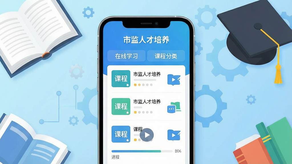 主体:手机屏幕展示“市监人才培养”应用界面,界面中有课程列表、播放按钮、进度条等元素,背景为浅蓝色渐变,象征专业与科技。布局:手机居中,屏幕内容清晰可见,周围有书本、学士帽等学习元素点缀。排版:界面整洁,功能图标排列有序。风格:扁平化设计,色彩明亮,现代感强。细节:应用名称“市监人才培养”显示在屏幕顶部,下方有“在线学习”、“课程分类”等字样。画质:高清渲染,干净,无多余元素。