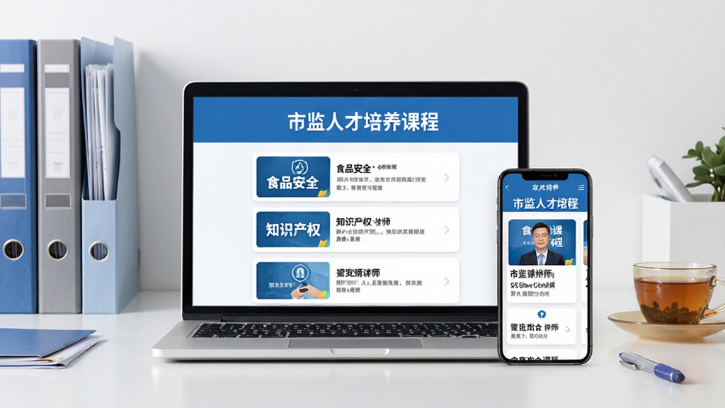 主体:笔记本电脑与手机并排展示“市监人才培养”课程列表,屏幕上有“食品安全”、“知识产权”等字样。布局:设备居中,背景为简洁的工作台,有文件夹、茶杯等元素。排版:课程列表以卡片式排列,清晰易读。风格:商务简约风,色调以蓝色和白色为主。细节:设备屏幕中显示课程封面与讲师信息。画质:高清,干净,无多余元素。