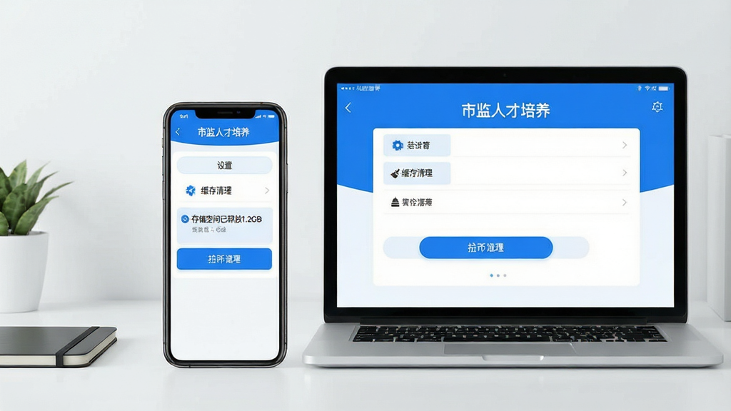 主体:手机与电脑并排展示“市监人才培养”应用界面,屏幕上有“设置”、“缓存清理”等选项。布局:设备居中,背景为简约办公桌。排版:界面层级分明,操作按钮突出。风格:清爽简洁,蓝白配色。细节:手机屏幕显示“存储空间已释放1.2GB”提示。画质:高清,干净,无多余元素。