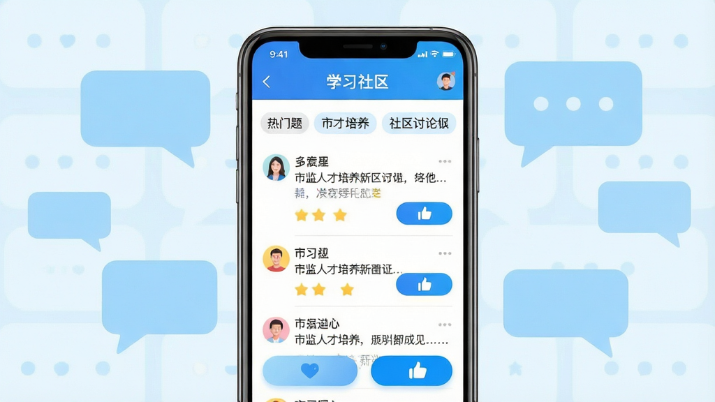 主体:手机屏幕显示“市监人才培养”社区讨论区,有用户头像、评论列表与点赞按钮。布局:手机居中,背景为浅蓝色对话气泡元素。排版:信息流布局,互动按钮醒目。风格:社交风格,活泼明快。细节:屏幕顶部有“学习社区”标题,下方有热门话题标签。画质:高清,干净,无多余元素。